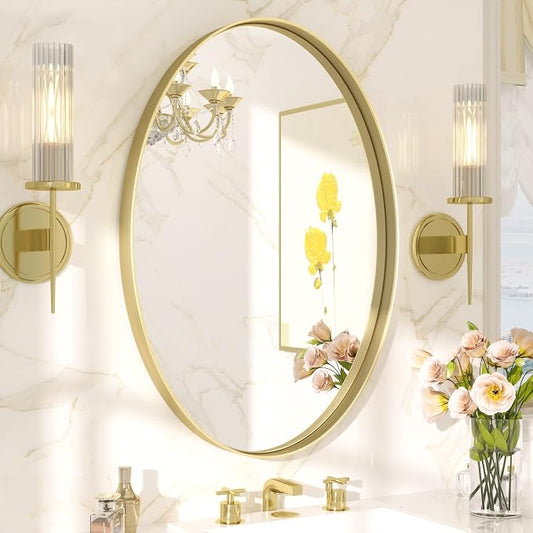 TETOTE Gold Oval Bathroom Mirror, 24 x 36 Brushed Brass Framed Wall Mounted by TETOTE