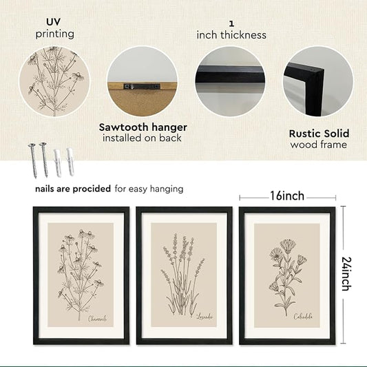 YWJKWLGS Vintage Botanical Wall Art 16x24 Inch Set Of 3 Wooded Framed - Image 2