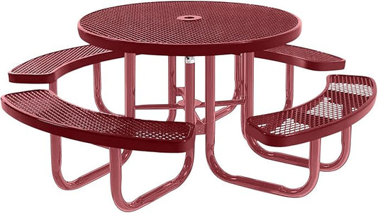 Heavy-Duty Portable Outdoor Picnic Table with Umbrella Hole, Expanded Metal Commercial-Grade Patio Furniture Made in America (46" Round Top, Burgundy with Burgundy Frames)