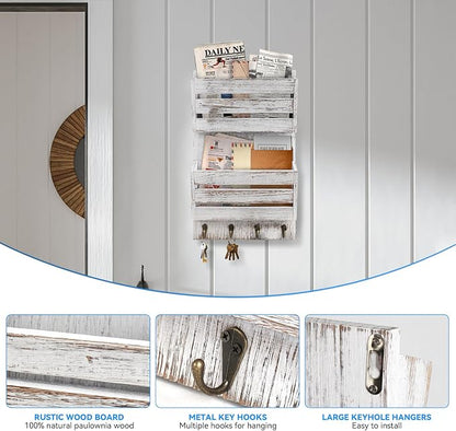 Mail Organizer Wall Mount with 4 Key Hooks, Rustic Wooden Hanging Mail Sorter - Image 2