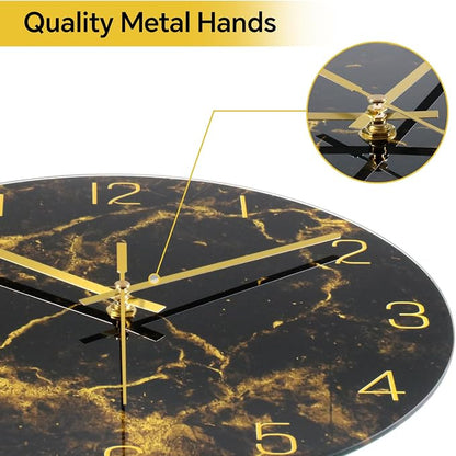 VIKMARI Black Modern Marble Texture Clock Gold Hands Rustic Kitchen Decor 12 - Image 2