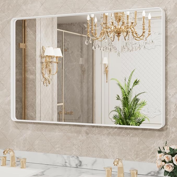 LOAAO 40x36 Inch White Metal Framed Bathroom Mirror - Image 4
