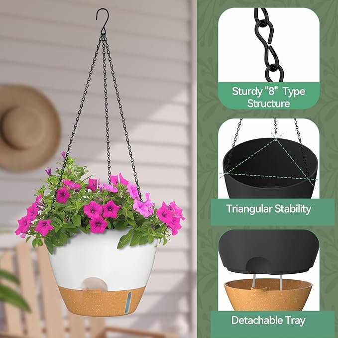 ZMTECH 12 Inch Hanging Planters for Indoor Outdoor Plants, 2 Pack Self Watering Hanging Plant Pots with Drainage Hole, Visual Reservoir, Plastic Flower Hanging Pots with Watering Lip (White)