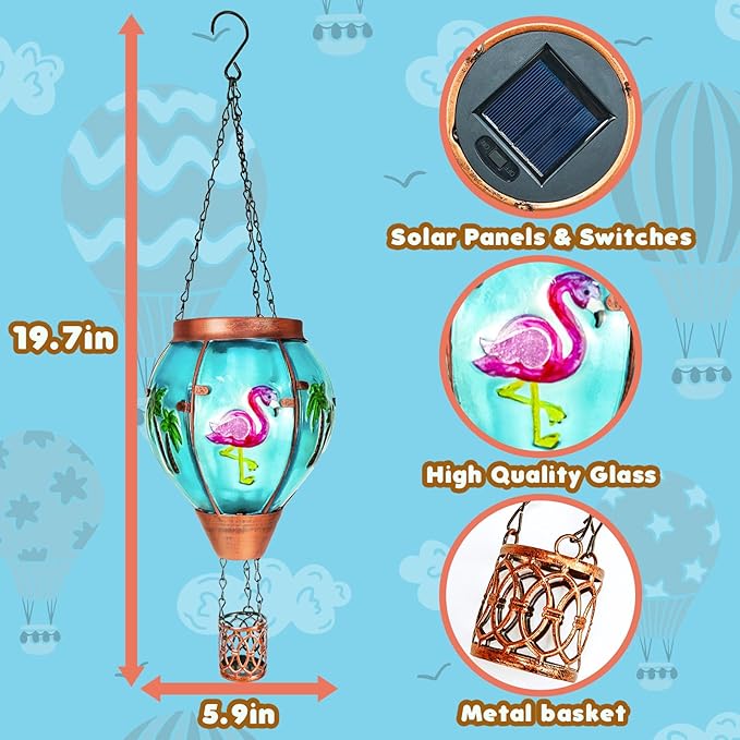 2 Pack Solar Hot Air Balloon Lantern With Flame, Flamingo Glass Solar Outdoor Lights for Patio Garden Decor, Gifts for Women Grandma Mom