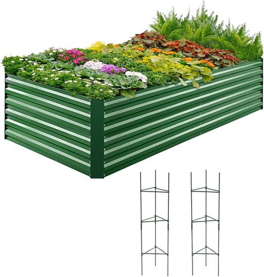 Quictent Galvanized Raised Garden Bed 8x4x2 Ft Tall Metal Planter Box for Vegetables Outdoor Bottomless for Backyard, 2 Tomato Cages Included, 22.04" Deep (Green)