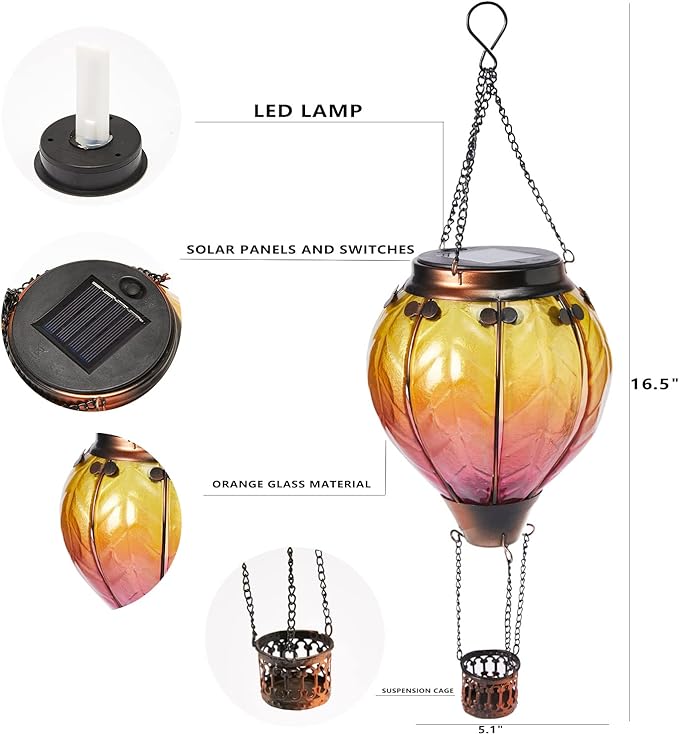 Hot Air Balloon Solar Lantern with Flickering Flame Hanging Solar Lights Outdoor Waterproof Lanterns for Garden Patio Yard Party Decoration