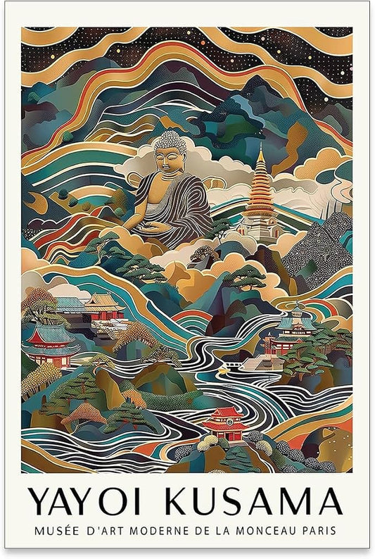 Yayoi Kusama Canvas Wall Art Vintage Japanese Poster Abstract Buddha Decor by Heltrappe