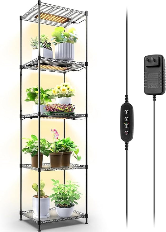 Barrina Plant Shelf with Grow Light, 5-Tier, Plant Stand with 40W Ultra-Thin Grow Light Panel for Hydroponics, Seedlings, Succulents, Flowers, Veg, 3/6/12h Timer, 15.7" L x 11.8" W x 59.1" H