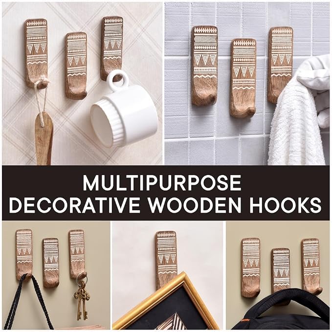 IndianShelf 10 LB- 12 Pieces Decorative Wood Adhesive Wall Hooks–Boho Peel and - Image 5