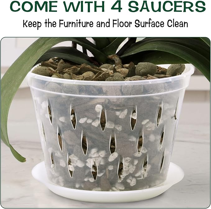 Orchid Pot, 8 Inch 4 Pack Orchid Pots with Holes and Saucers, Clear Plastic Orchid Pots