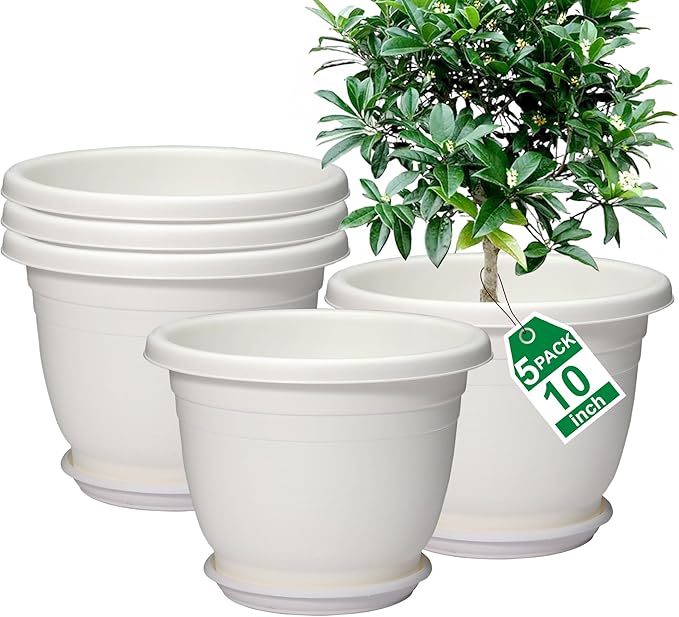 5 Packs 10 inch Plant Pots + Saucer, Planters for Indoor & Outdoor Plants with Drainage Holes | Plastic Flower Pots, Large Planter (White, 10 inch)