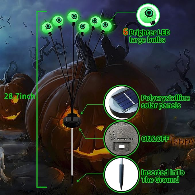 Aogist Halloween Decorations Eyeball Swaying Firefly Light Bright Long Standby Time Waterproof Outdoor Lights for Beautiful Spaces Garden Yard Lawn Pathway Porch Party Decor(Green, 4 Pack-24 LEDs)
