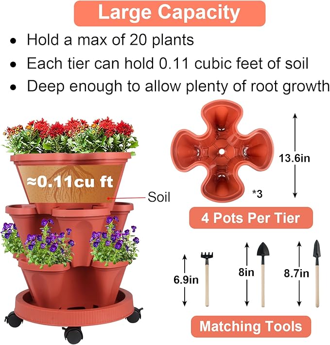 Vertical Planter 3 Tier Stackable Planters Garden Planters Strawberry Herb Flower and Vegetable Planter Indoor Outdoor Gardening Pots with Removable Wheels and Tools