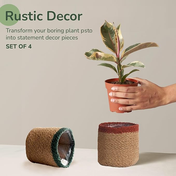 Jute Planter Basket-Woven Jute Rope Covers for Decorating Indoor/Outdoor Succulents, Small Plant Pots-Set of 4-Multi-Purpose Storage Bins 4.5 in - Modern Style Décor - Red, Green & Natural