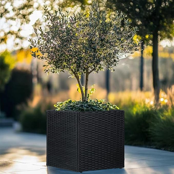 LEWIS&WAYNE Large Square Planter Box Handmade Wicker Tall Planters for Outdoor Plants with Removable Liners Modern Planter for Indoor Outdoor Garden Patio Front Porch - Black, 17''x17''x18''