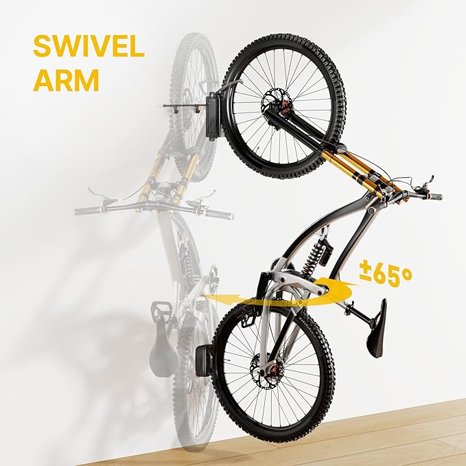 monTEK Swivel Bike Wall Mount, Bike Hangers for Garage, Bike Wall Mount with Two Extra Storage Hooks, Bike Hanger Wall Mount for Space Saving, Bike Rack Garage Holds Up to 77 lbs