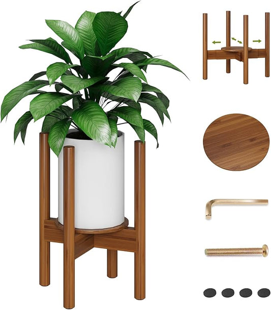Adjustable Plant Stand, Bamboo Plant Stand Indoor with Tray, Wood Plant Stand for 8 to 12 inches Flower Pots, Single Mid Century Modern Plant Stand for Indoor Plants, Walnut