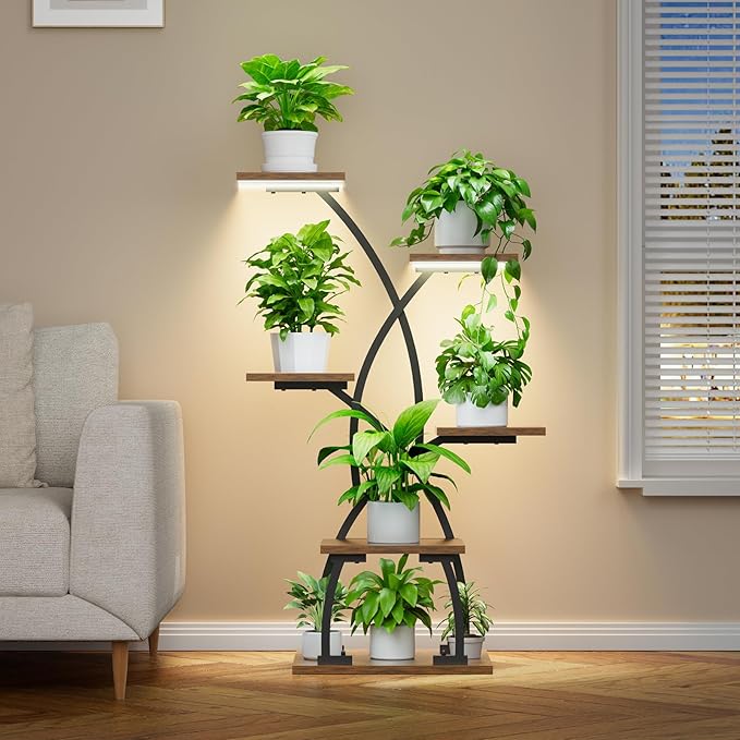 JUSTOGO Plant Stand Indoor with Grow Lights - 6 Tiered Plant Shelf Indoor, 36“ Corner Shelves for Plants Multiple, Metal Curved Flower Holder Display Rack for Patio, Balcony, Home Decor