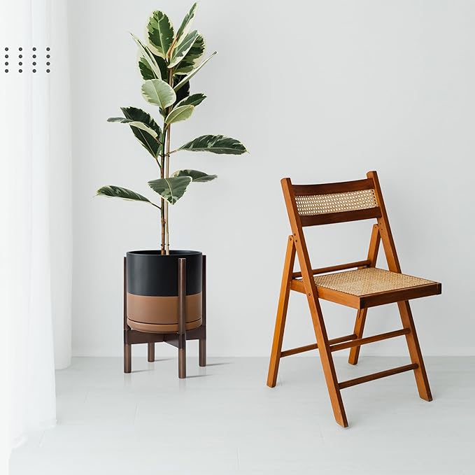 D'vine Dev Ceramic Planter with Walnut Color Stand - 10 Inch Modern Round Flower Pot with Wood Planter Holder, Black/Speckled Tan, 55-B-X-7