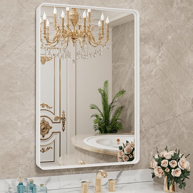LOAAO 32x36 Inch White Metal Framed Bathroom Mirror by LOAAO
