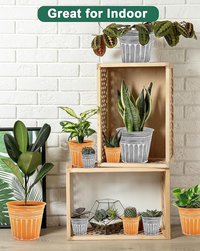 vensovo 4 Inches Orange Metal Rustic Flower Pots - 6 Pcs Small Galvanized Planters with Drainage Hole and Rubber Plug, Rustproof Tin Bucket Plant Pot Farmhouse Vintage Style for Decor