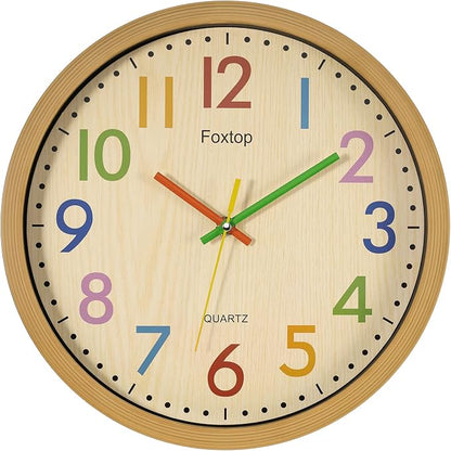 Foxtop Silent Kids Wall Clock 12 Inch Non-Ticking Battery Operated Colorful by Foxtop