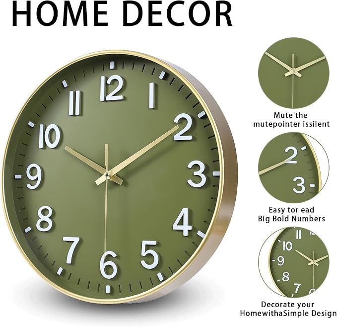 HZDHCLH Wall Clocks Battery Operated, Wall Clock Green Gold, 14 inch Wall Clock - Image 2