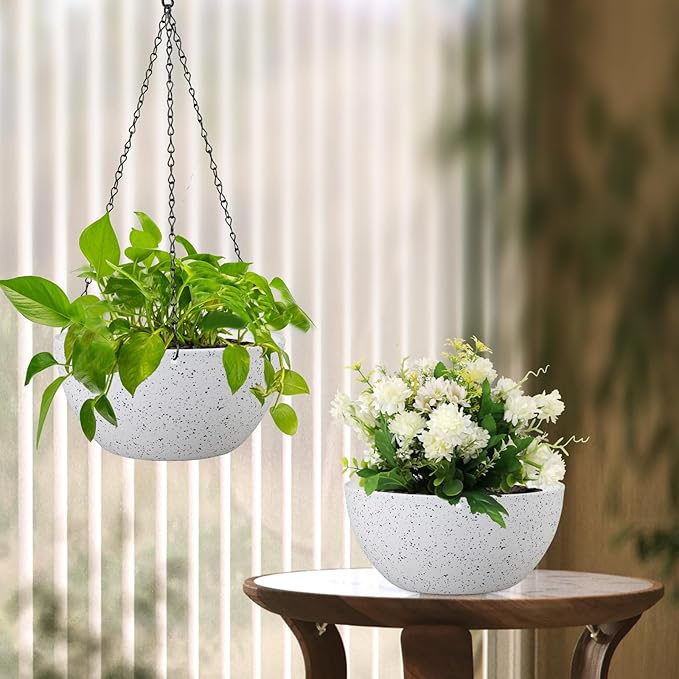 12 inch Large Hanging Planters for Indoor Outdoor Plants, 2 Pack Hanging Flower Pots with Drainage Holes and Chain for Garden Porch, Plastic Hanging Baskets for House Plants, Speckled White