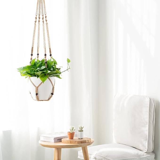 Mkono 43 Inch Macrame Plant Hanger Large for up to 12 Inch Pot Extra Long Hanging Plant Holder No Tassels Hanging Planter Basket with Wood Beads for Indoor Outdoor Home Decor, Brown