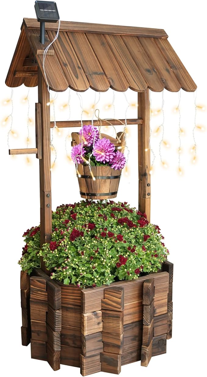 Wooden Wishing Wells for Outdoors with Solar Light Strip, Wishing Well Planters Also Add Splendor to Your Yard at Nightt, Brown