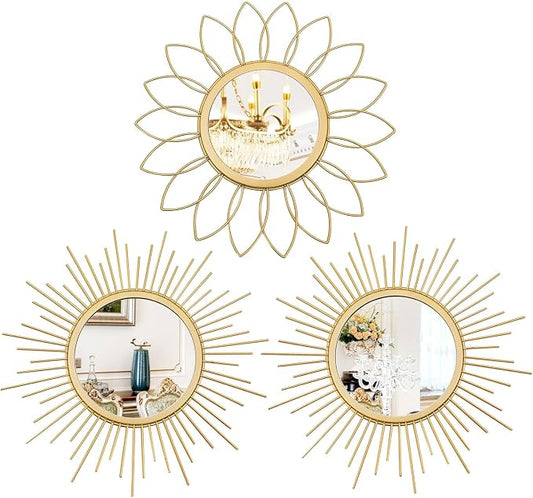 3 Pack Metal Mirrors for Wall Sunburst Wall Mirrors Home Décor Decorative by Uaussi