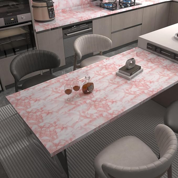 Extra Wide Marble Contact Paper Granite Peel and Stick Wallpaper Pink Glossy - Image 2