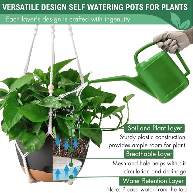 10 Inch Hanging Planters for Indoor Plants,Set of 2 Hanging Pots for Plants with Self-Watering, Outdoor Hanging Plant Pot with Drainage and 2 Kinds of Hanging Baskets Hangers for Home Decor and Garden