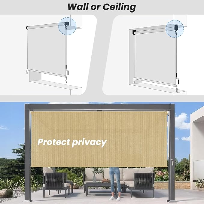 6'W x 8'H Sesame Patio Shades Roll up Outdoor Roller Shade Crank Wand Blind - Image 6