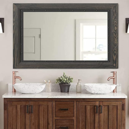 YOSHOOT Rustic Wooden Framed Wall Mirror, 32x24 Inch, Natural Wood and Iron - Image 4