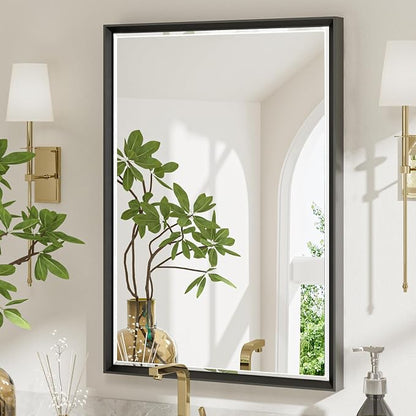 Black Framed Mirror for Bathroom, 22x30 Inch Black Rectangle Beveled Bathroom by QUEENFUN