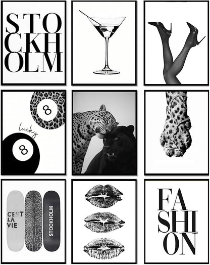 LOARTVE 9Pcs Black and White Fashion Wall Art Prints Trendy Leopard Stockholm by LOARTVEART