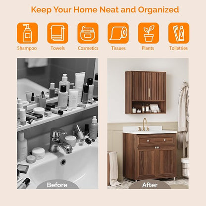 VINGLI Bathroom Wall Cabinet, Walnut Fluted Medicine Cabinet - Image 5