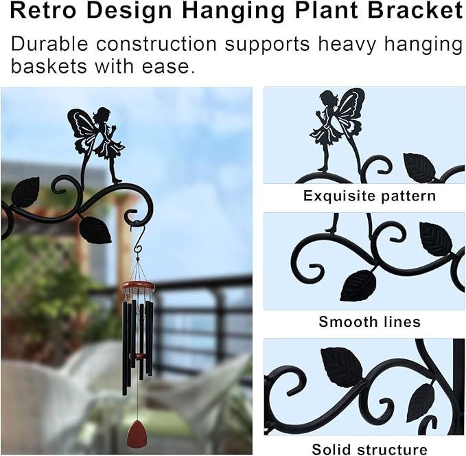 Hanging Plants Bracket 12" Angel Planter Outdoor Hooks Hangers for Flower Baskets Pot Bird Feeder Wind Chimes Lanterns Patio Garden Outdoor Indoor Metal Black, 2 Pack