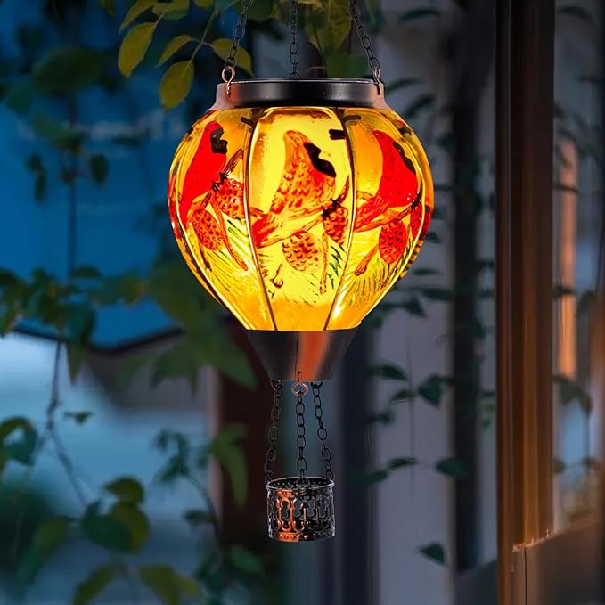 2 PCS Cardinal Solar Hot Air Balloon Lantern with Flame, Glass Balloon Lantern Outdoor Waterproof, Hanging Hot Air Balloon Solar Light, Cardinal Gifts for Mom Woman