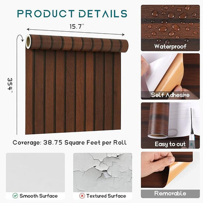 VEELIKE Walnut Wood Slat Peel and Stick Wallpaper Wood Contact Paper - Image 8