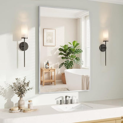 Koonmi Silver Rectangle Wall Mirror, 24x36 Inch Bathroom Mirror, Aluminum Frame by KOONMI