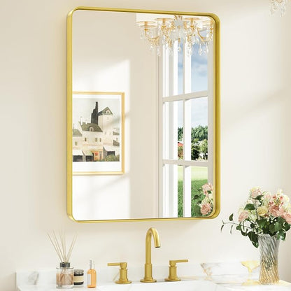 Keonjinn Gold Bathroom Mirrors for Vanity, 24 x 32 Inch Rounded Rectangle Gold by Keonjinn