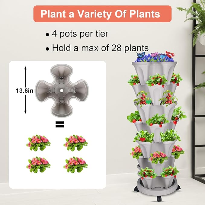 Vertical Planter, 7 Tier Stackable Strawberry Planter with Garden Tool Set, Movable Indoor/Outdoor Garden Herb Pot for Growing Vegetables and Succulents, Gray