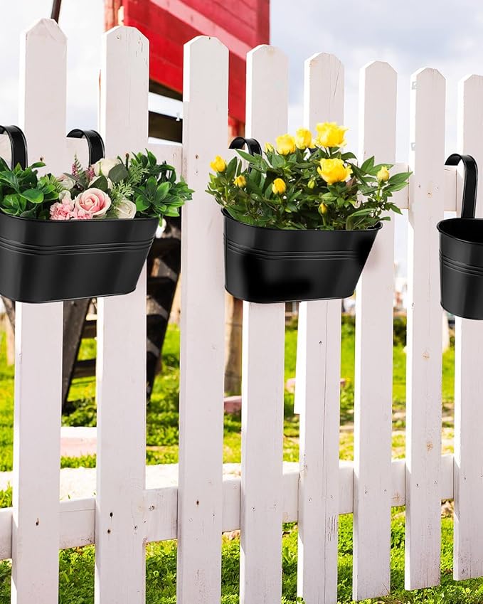 vensovo Metal Railing Planter for Outdoor Plants - 5 Pack Balcony Hanging Flower Pots with Detachable Hooks and Drain Holes Oval Bucket Rail Box Fence Planters for Home Garden Decor, Black