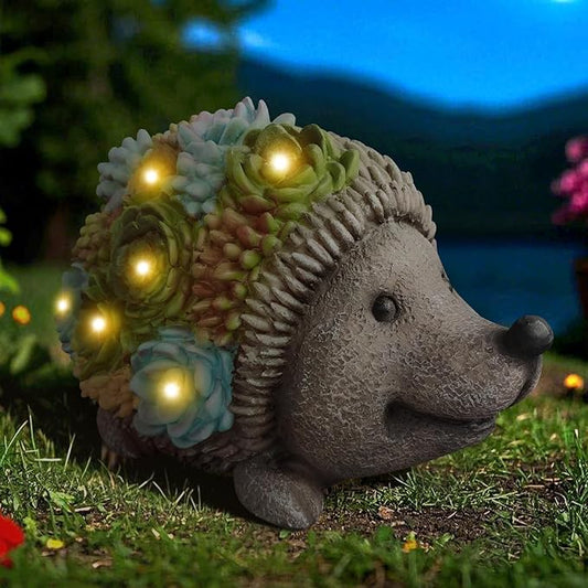 Outdoor Solar Garden Hedgehog Statue Decorative Lawn Statue with Succulents and 7 LED Lights for Garden, Outdoor Patio and Terrace, Birthday Gift for Women, Unique