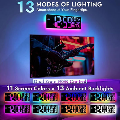 16.5" Large Digital Wall Clock: 13 RGB Night Lights Giant LED Display - Image 2