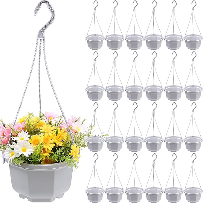 Roshtia 24 Pcs Hanging Plastic Planter Pot with Hook Flower Pots Baskets Hanging Nursery Planter Holder for Outdoor Indoor Plant Garden(Ceramic White,6.7 Inch)