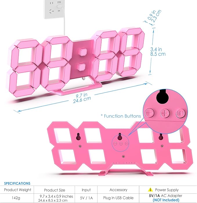 KOSUMOSU Pink LED Clock 3D Wall Clock 9.7" Table Clock - Image 4