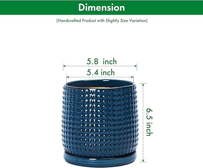 D'vine Dev 6 Inch Ceramic Beaded Stoneware Planter Pot - Flower Pot with Drainage Holes and Saucers for Indoor Succulent Plants or Flowers, Midnight Blue, 27-C-X-3